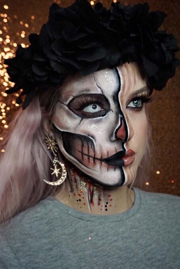 Amazing Half Skeleton Makeup Look