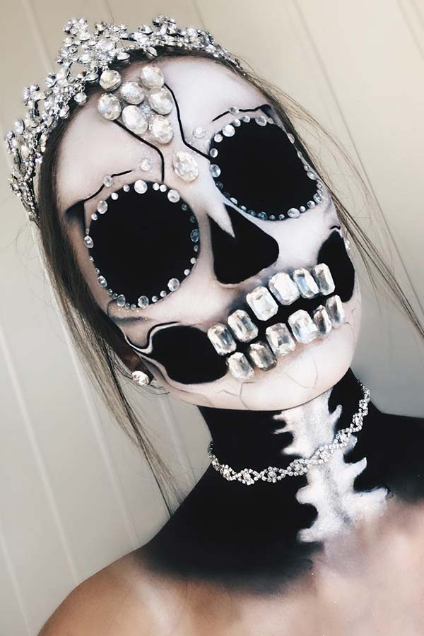 Blacka and White Skeleton Makeup with Rhinestones