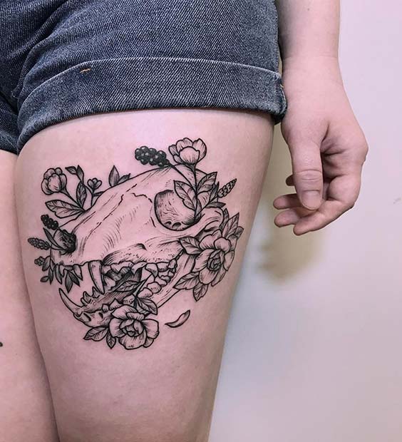 Skull Thigh Tattoo for Badass Tattoo Idea for Women