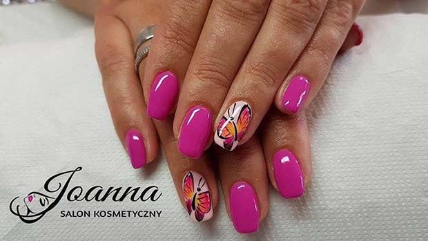Bright Pink and Butterfly Nail Art for Summer Nails Idea
