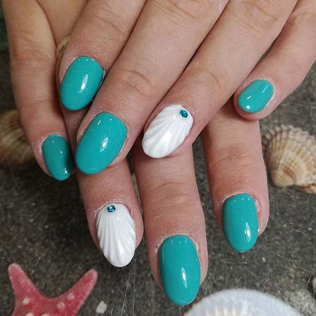Turquoise Nails with Shell Accent Nail for Summer Nails Idea