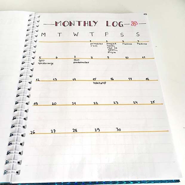 Simple Monthly Log for Bullet Journal Ideas
