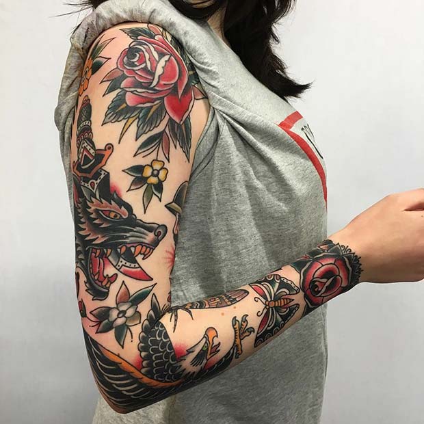 Traditional Sleeve for Badass Tattoo Idea for Women