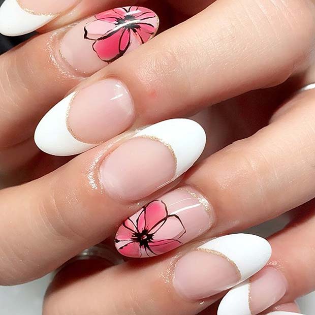 French Manicure with Floral Accent Nail for Summer Nails Idea