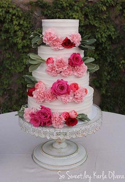Beautiful White Cake with Red and Pink Blooms for Summer Wedding Cakes