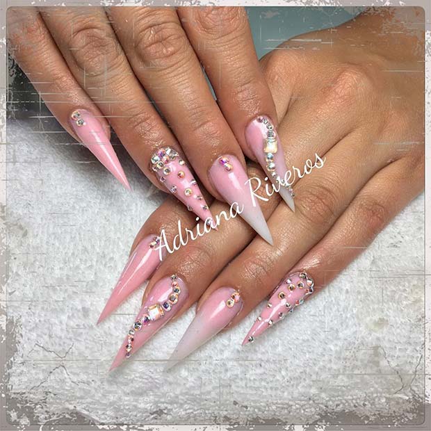 Light Pink and Crystal Pointy Nails 
