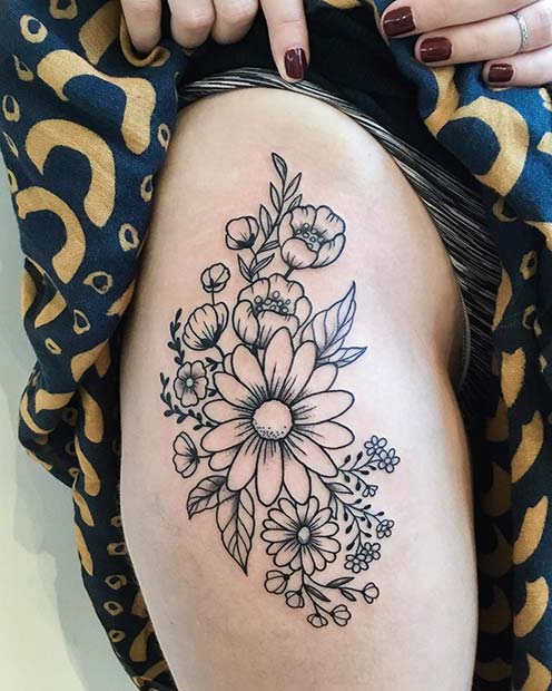 Black Ink Floral Thigh Tattoo for Flower Tattoo Ideas for Women 