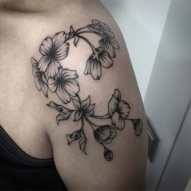 Black Ink Floral Shoulder Tattoo for Flower Tattoo Ideas for Women 