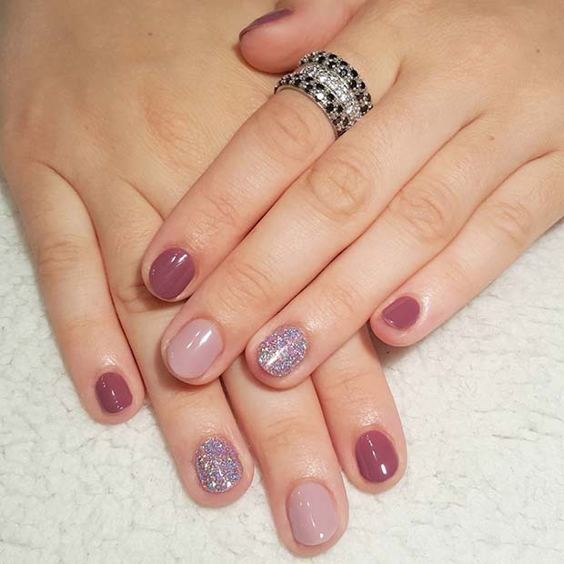 Purple Shades and Glitter for Elegant Nail Designs for Short Nails