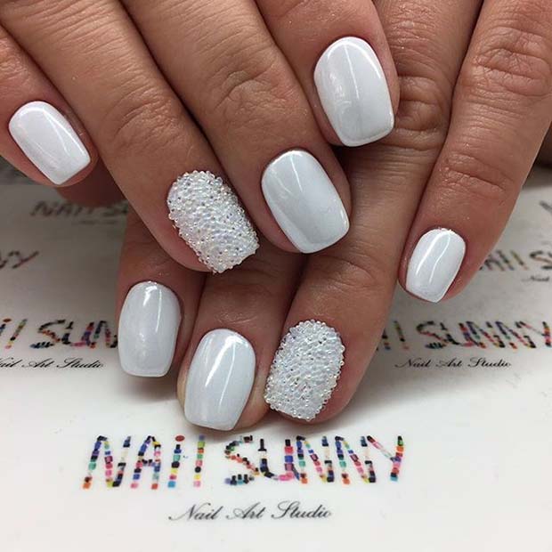 White Manicure with Sparkle for Elegant Nail Designs for Short Nails