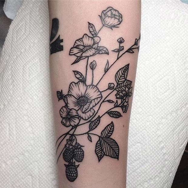 Black Ink Botanical Tattoo for Flower Tattoo Ideas for Women 