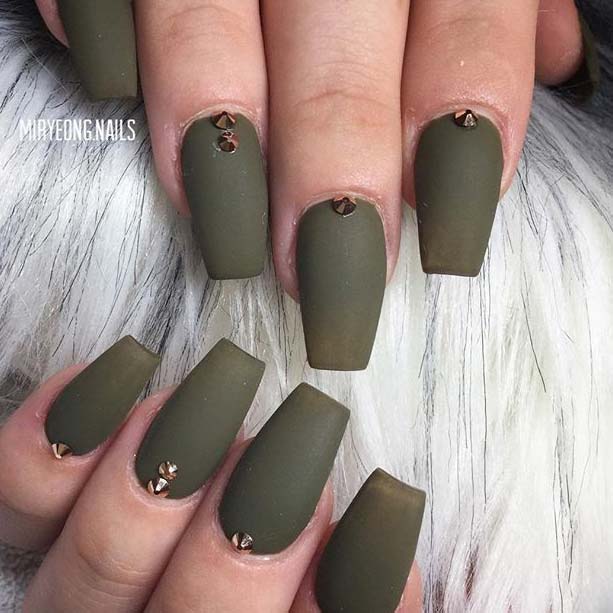 Matte Khaki Green with Embellishments for Matte Nail Designs for Fall 