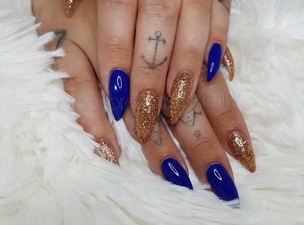 Bold Blue and Glitter Nails for Fall Nail Design Ideas