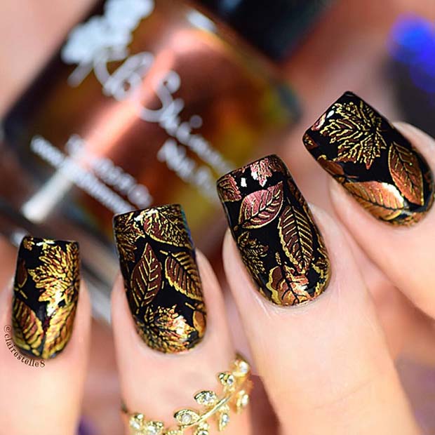 Black Nails with Fall Leaf Design for Fall Nail Design Ideas