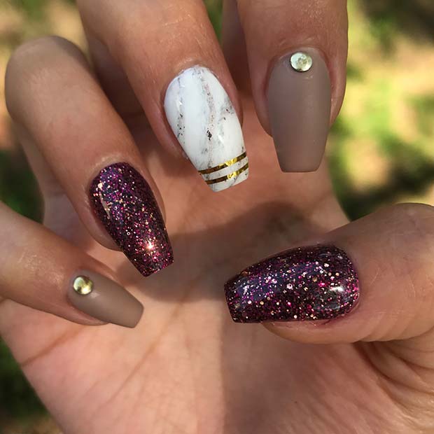 Marble and Glitter for Fall Nail Design Ideas