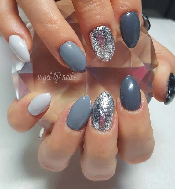 Shades of Grey and Glitter for Fall Nail Design Ideas