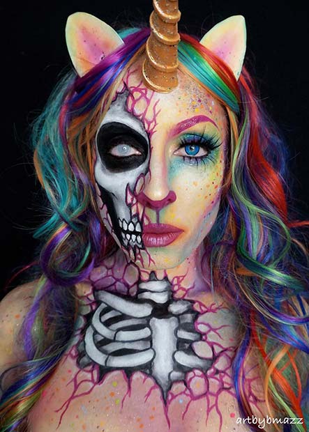 Half Dead Rainbow Unicorn for Mind-Blowing Halloween Makeup Looks