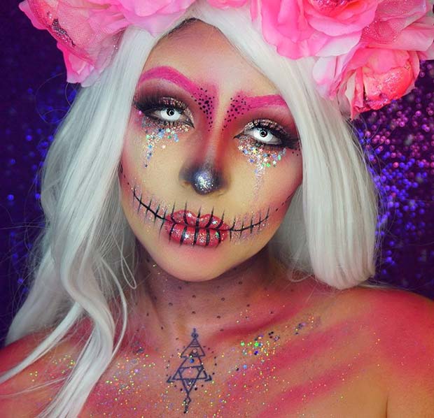 Pink Glitter Skull for Unique Halloween Makeup Ideas to Try