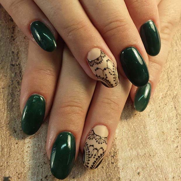 Winter Green Nails with Lace Accent Nail for Winter Nail Ideas