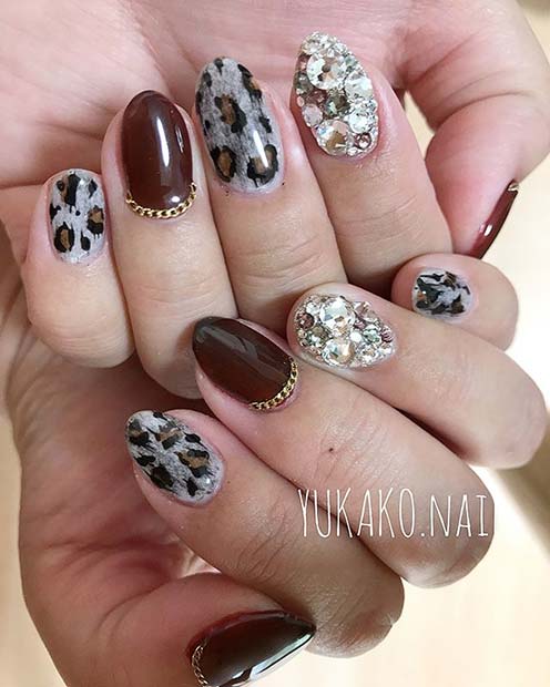 Leopard Print and Gem Nails for Winter Nail Ideas