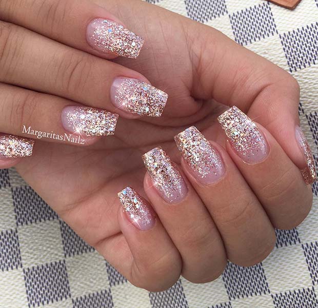 Rose Gold Glitter Nails for Winter Nail Ideas