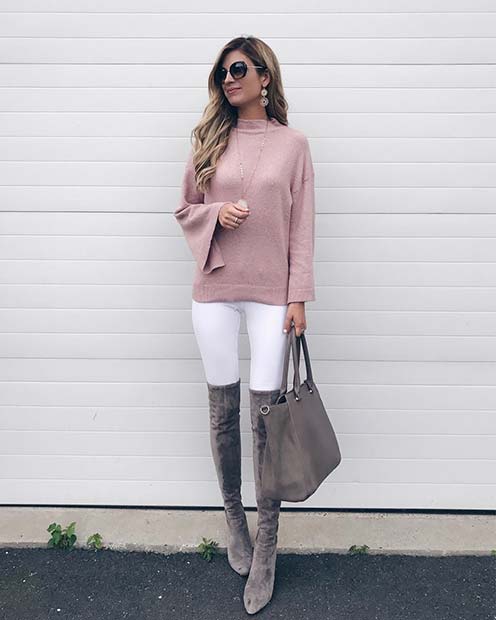 Pink Sweater and White Jeans for Cute Outfits to Copy This Winter