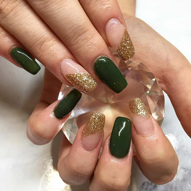 Winter Green and Gold Glitter Nails for Winter Nail Ideas