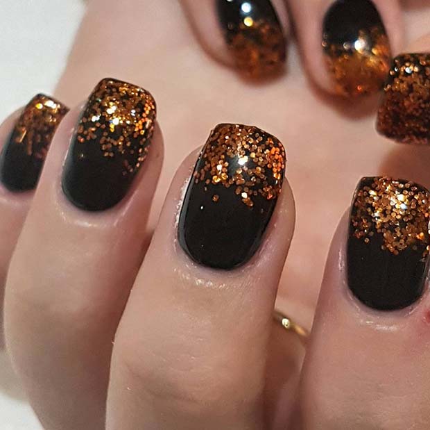 Black and Orange Glitter Nails for Winter Nail Ideas