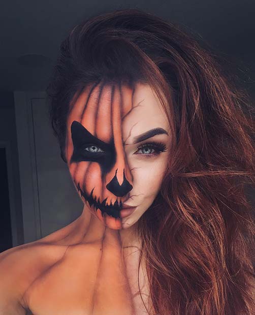 Half Pumpkin Makeup for Mind-Blowing Halloween Makeup Looks