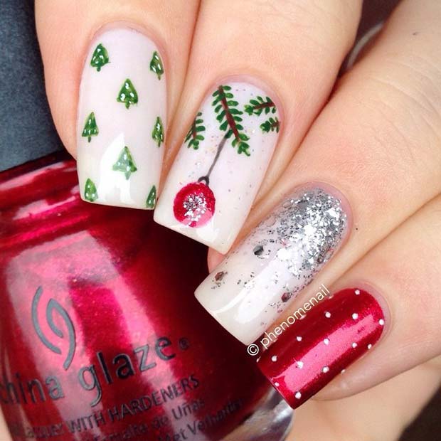 Bauble and Trees Christmas Nails
