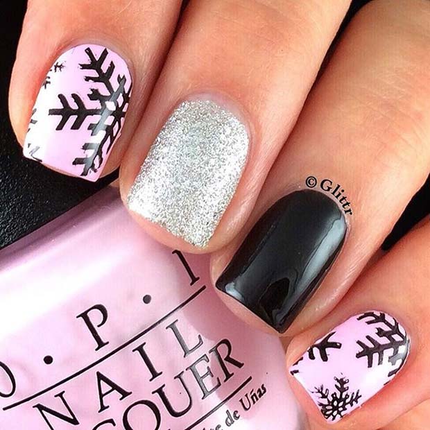 Pink Black and Glitter Snowflake Winter Nails