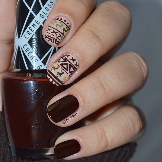 Burgundy Nails With Winter Pattern Accent Design