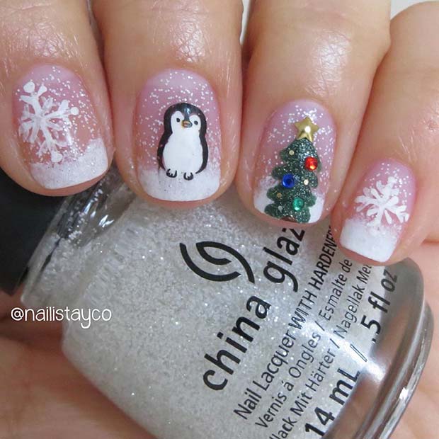 Christmas Tree Penguin and Snowflake Nail Art
