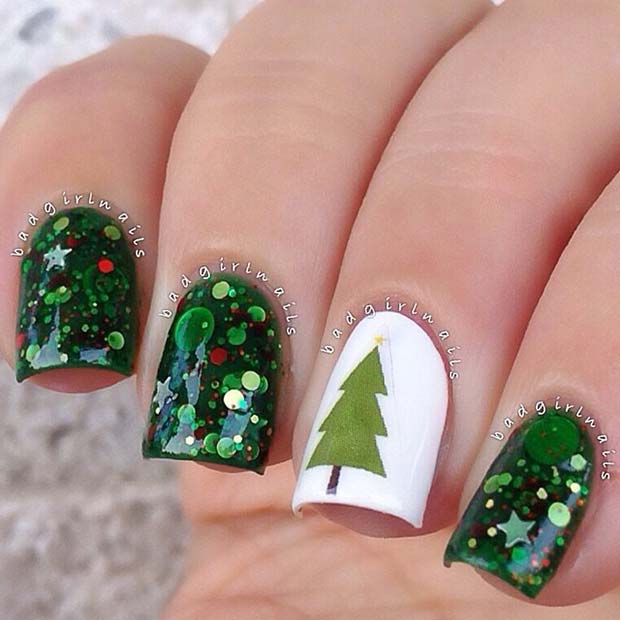 Christmas Tree and Glitter Nails