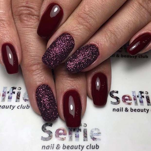 Fall Burgundy and Purple Glitter Nails
