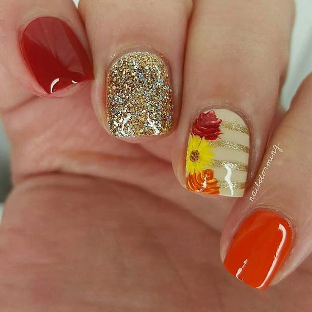 Fall Leaf and Flower Accent Nail Design