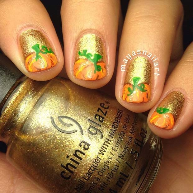 Gold Pumpkin Nail Design for Short Nails 