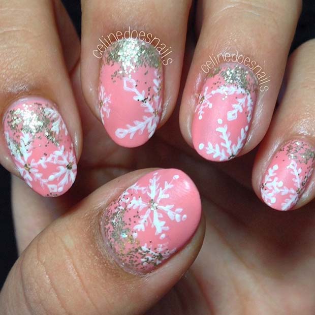 Pink and White Snowflake Nail Design 