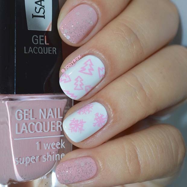 Pretty Pink and White Winter Nails