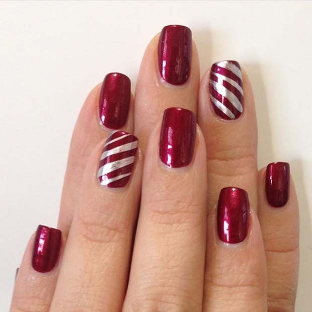 Red Nails With Candy Cane Stripe Accent Nail