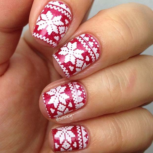Red and White Fair Isle Pattern Nails