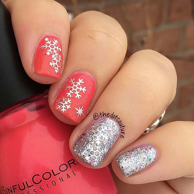 Snowflake and Glitter Winter Nails