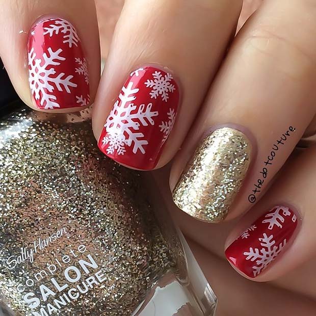 Snowflakes and Gold Glitter Nail Idea