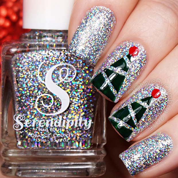 Sparkling Nails with Christmas Tree Accent Nails