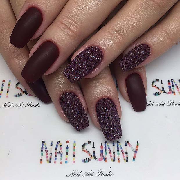 Matte Burgundy and Glitter Nails