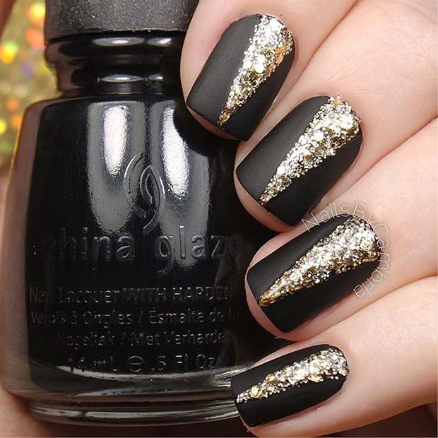 Matte Black and Gold Glitter Nail Design