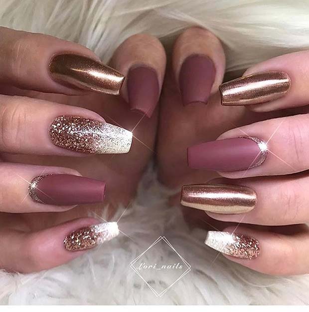 Gold, Pink and White Coffin Nails 