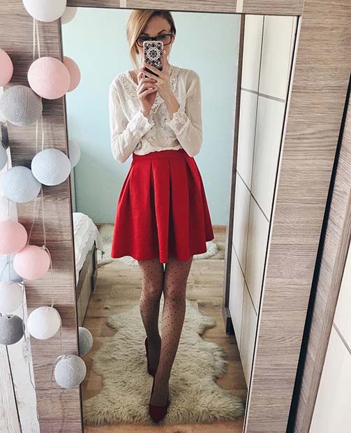 Cute Red Skirt Outfit Idea