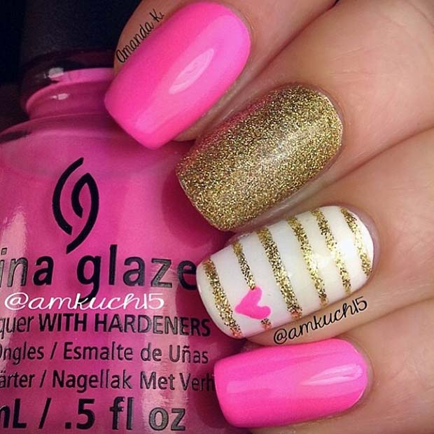 Pink and Gold Glitter Heart Nails