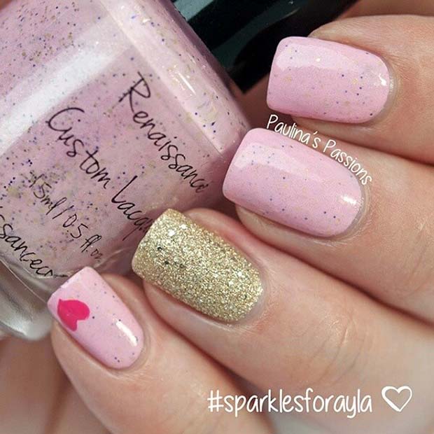 Pink, Glitter and Heart Nail Design